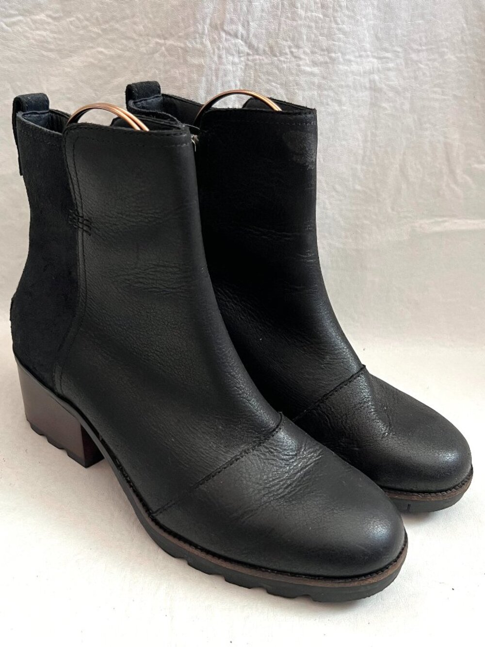 Sorel boots Cate womens 8.5 black leather suede zip up block high heel booties